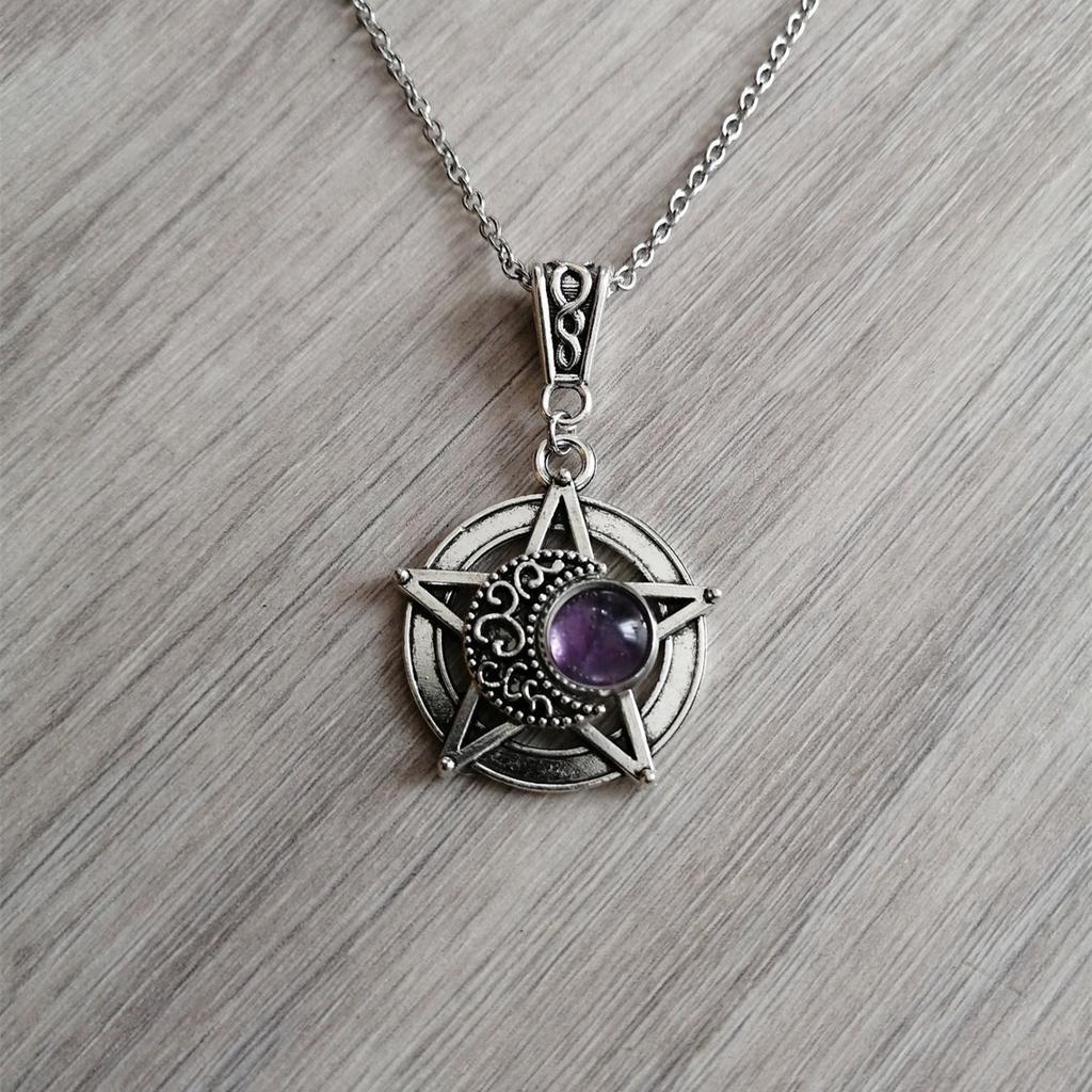 Charm Gothic Silver Color Five-pointed Star Hollowed-out Crescent Purple Crystal Pendant Necklace for Women Halloween Jewelry