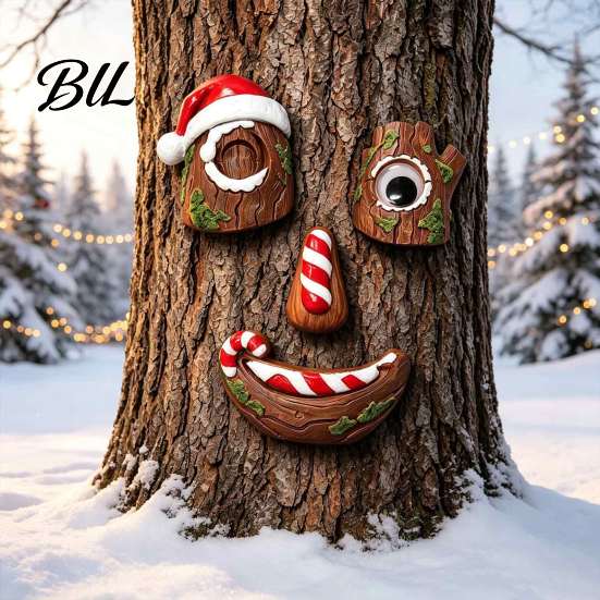 Creative Backyard Holiday Accessory 5 Pcs/Set Outdoor Tree Face Decor, Christmas Resin Art with Funny Ornament Santa Hat, Eyes Nose Mouth Set