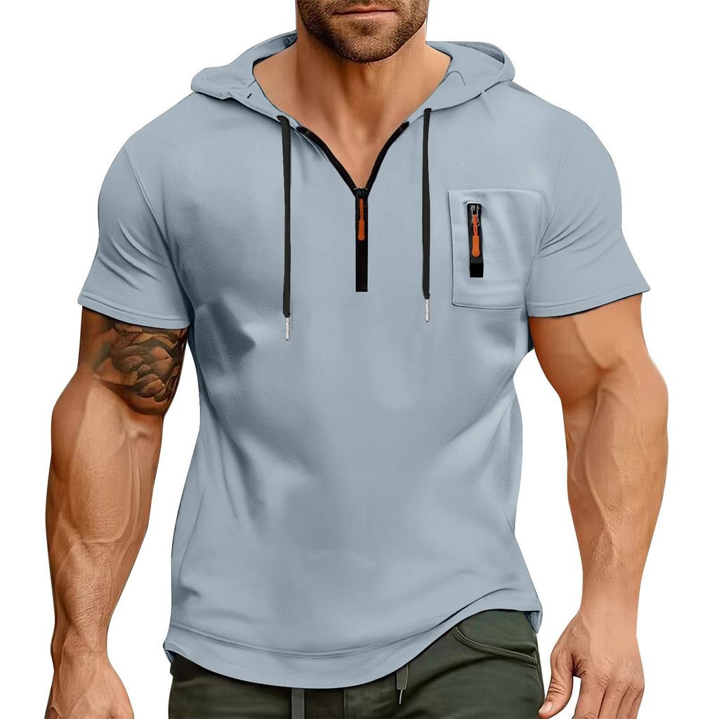 Men's Summer Shirt Zipper Pocket Short Sleeve Hooded Sweatshirt Men's Sports Large Size Casual Sweatshirt