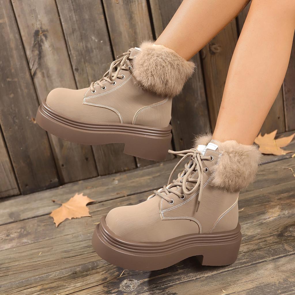 2024 Зимние Горячие Продажи Высокое Качество Женская Обувь Однотонная Круглый Носок Высокий Каблук Шнуровка Короткое Голенище Женские Модные Ботинки