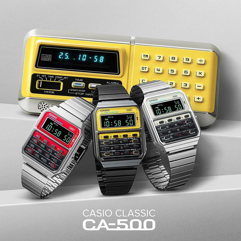 Casio Vintage Series Heritage Colors Digital Watch with Metal Gunmetal and Overseas Model CA-500WEGG-9B 8-Digit Calculator, Unisex, Band, Yellow,