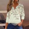 Women's Fashion Casual Floral Print V-Neck Decorative Button Three-quarter Sleeve T-Shirt Top