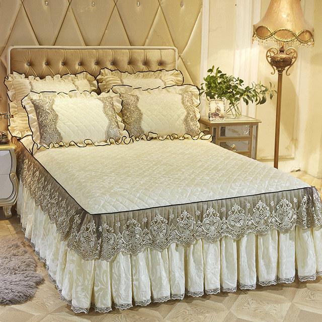 Кружевное бархатное покрывало King Size, стеганая юбка с рюшами, эластичное покрывало для кровати размера «queen-size», наволочки, мягкие и теплые европейские 3 шт.