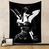 A stylish woman in a black dress with dual swords on her back. Patterned tapestry for bedroom and living room home decor