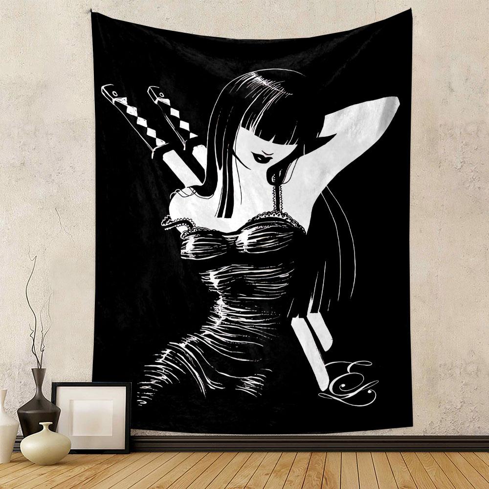 A stylish woman in a black dress with dual swords on her back. Patterned tapestry for bedroom and living room home decor