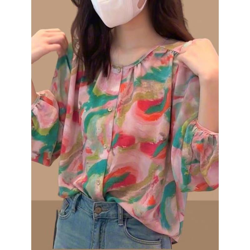 Spring New Korean Style Round Neck Puff Sleeve Printed Shirt for Women Loose and Versatile Long-sleeved Shirt