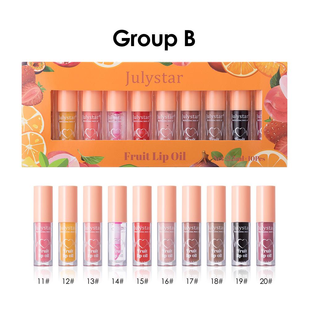 10-color Fruit Flavor Water Lip Gloss Set Moisturizing Color Changing Lip Gloss Waterproof Pearl Shine Lip Glaze To Improve Lip Lines and Dry Lips