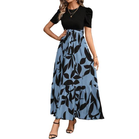 Летнее платье с круглым вырезом, коротким рукавом, высокой талией, длинное платье с принтом листьев и струящимся подолом, повседневная одежда