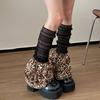 Women Japanese See Through Mesh Ruched Leg Cover Vintage Leopard Print Tiered Ruffle Flared Leg Warmer Sleeve Long Socks