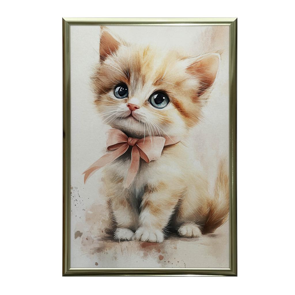 Uroczy Kotek Z Różową Kokardą Uroczy Kotek Z Różową Kokardą, 70X100 Cm, Rama Drewniana Ciemny Brąz, Papier Matowy 230 Gsm