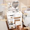 Makeup Vanity Desk with LED Lighted Heart-shaped Mirror, Vanity Table with 4 Drawers and Opening Shelves, Bedroom Dressing Table with Stool