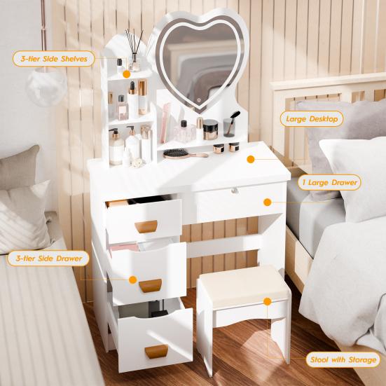 Makeup Vanity Desk with LED Lighted Heart-shaped Mirror, Vanity Table with 4 Drawers and Opening Shelves, Bedroom Dressing Table with Stool