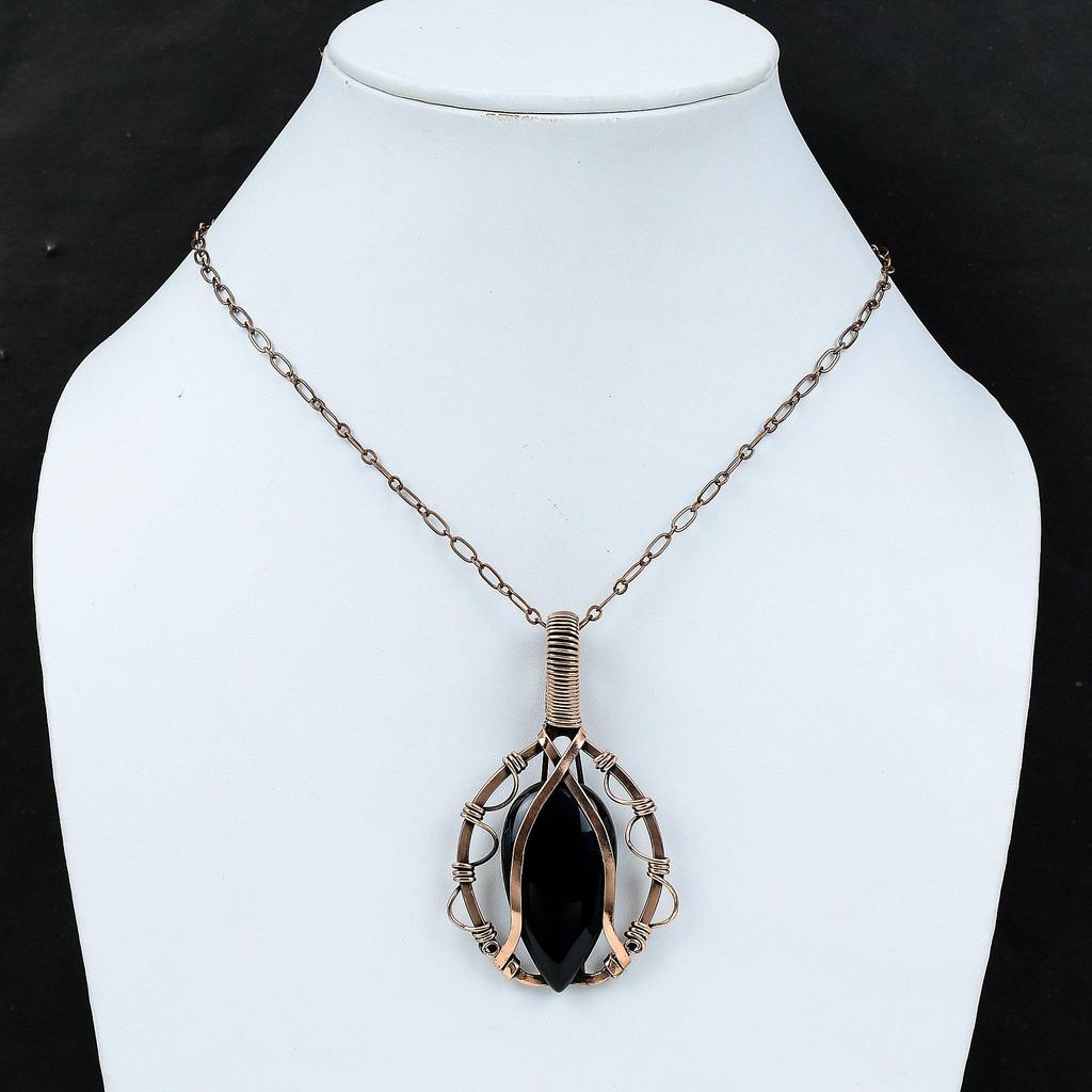 Подвеска из черного оникса и меди, подвеска из натурального драгоценного камня, подвеска ручной работы из медной проволоки, ювелирное изделие в подарок для нее, ювелирное изделие из черного оникса