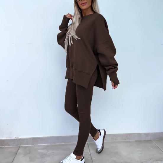 2 шт./комплект женский топ брюки костюм круглый вырез длинный рукав асимметричный подол толстовка эластичный пояс однотонные брюки зимний повседневный спортивный костюм