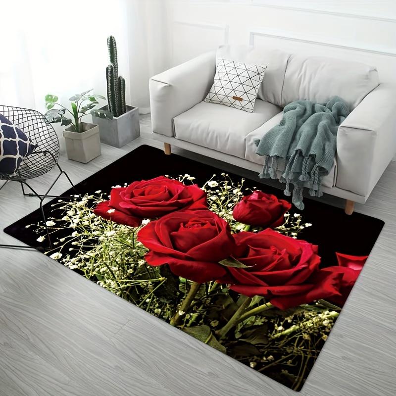 1Pcs Rose Pattern Floor Mat Modern Kitchen Polyester Rug Non-Slip Colorful Indoor Carpet, For Home Bathroom Bedroom Living Room Decor