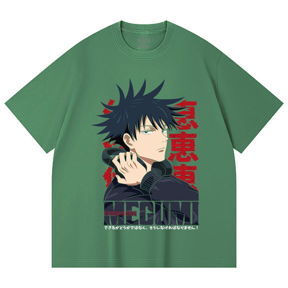 230 г/м² 100% хлопок Jujutsu Kaisen V38 Мегуми Принт Унисекс Тяжелая Хлопковая Футболка