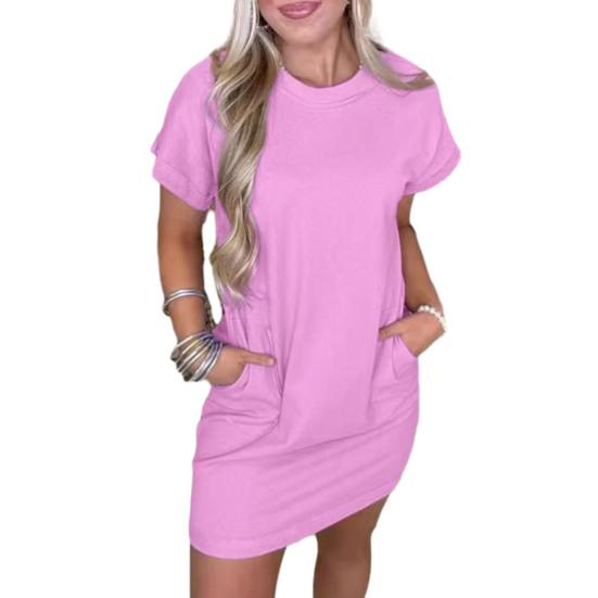 Женское платье-футболка с коротким рукавом, повседневное короткое платье с круглым вырезом и карманами, летнее мини-платье-футболка