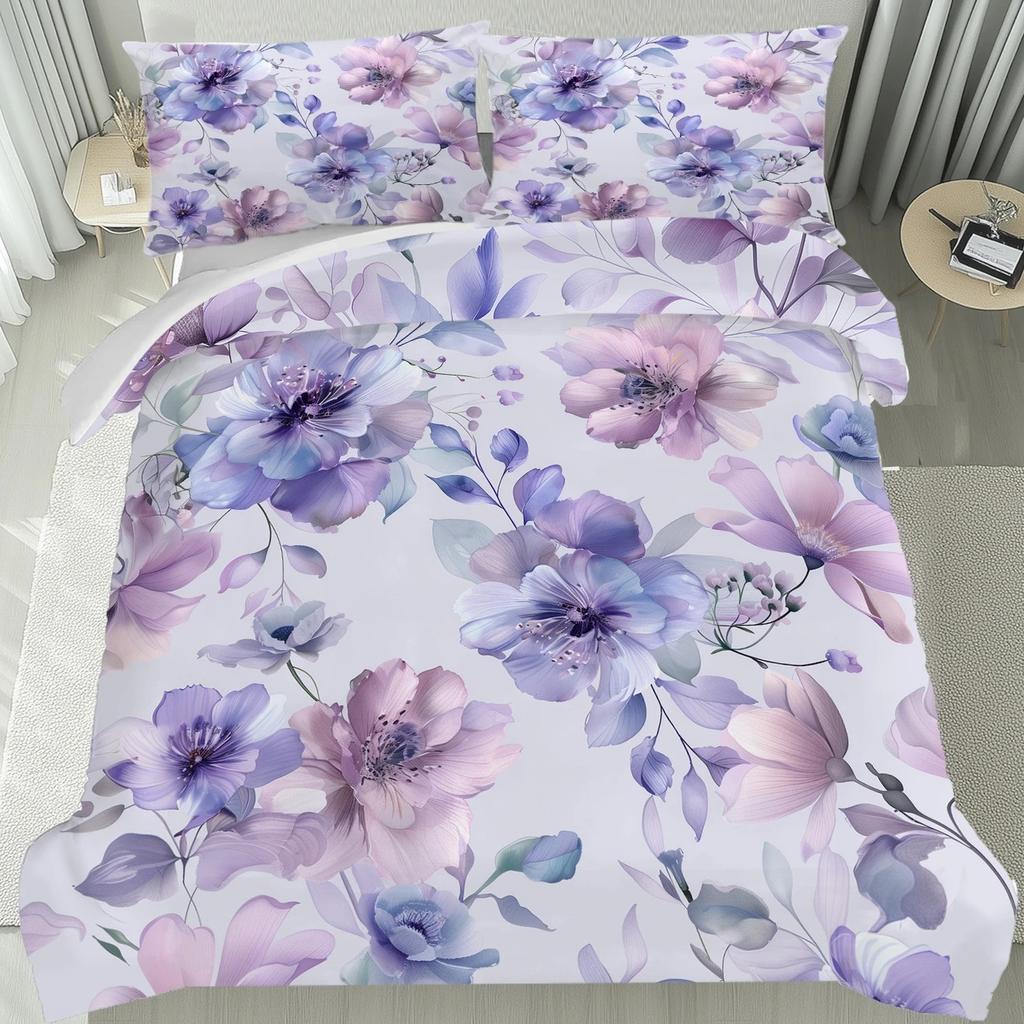Пододеяльник с узором из фиолетовых цветов в стиле легкой роскоши, размер Queen King, 3D-печать, мягкое и удобное постельное белье, комплект из 3 предметов