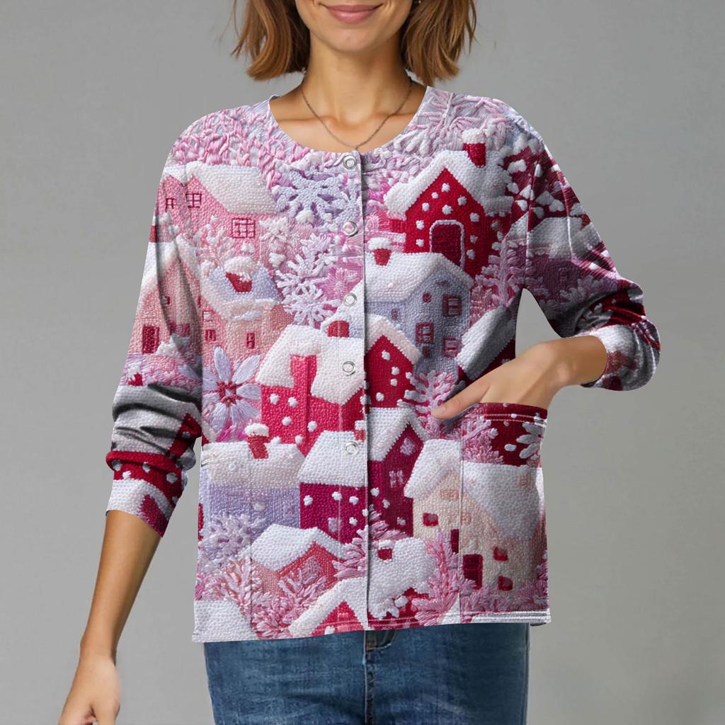 Women's Casual Long-Sleeved Single-Breasted Christmas-Themed Print Cardigan