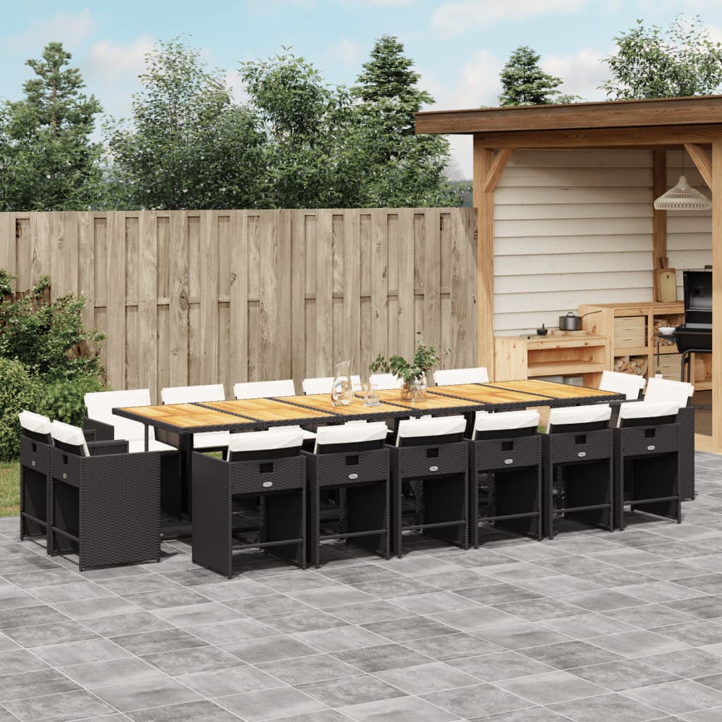 17 Piece Outdoor Dining Set with Cushions Black Poly Rattan
