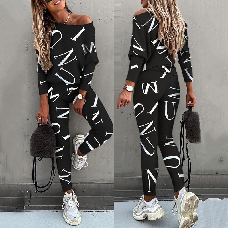 GMXIA Autumn Women's Long-sleeved and Long-pants Casual Set with Letter Prints