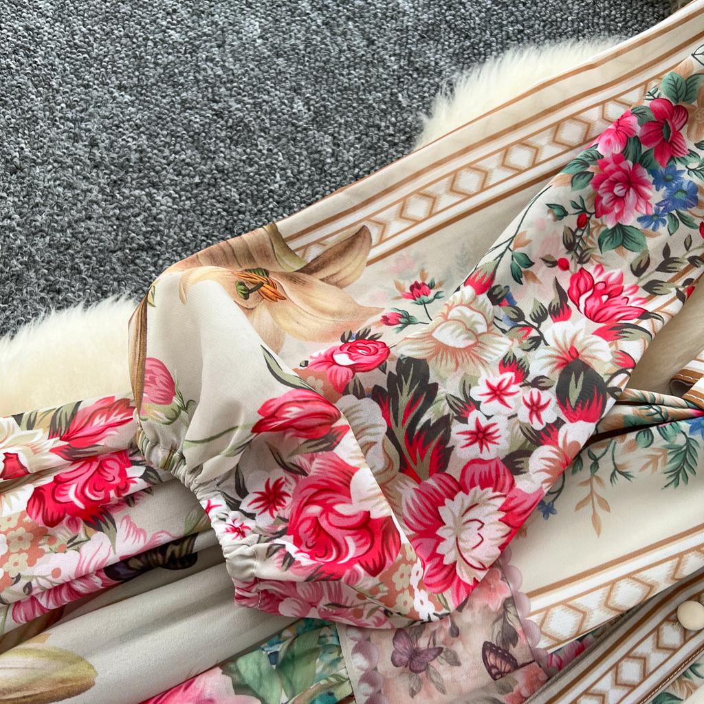 Spring Summer Women V-neck Vintage Print Chiffon Runway Dress Single Breasted Long Maxi Loose Holiday Beach Dresses with Belt