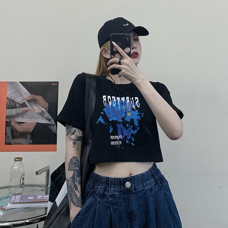 New Summer Korean Version Retro Butterfly Print Short Navel Top Slim Short-sleeved T-shirt for Women