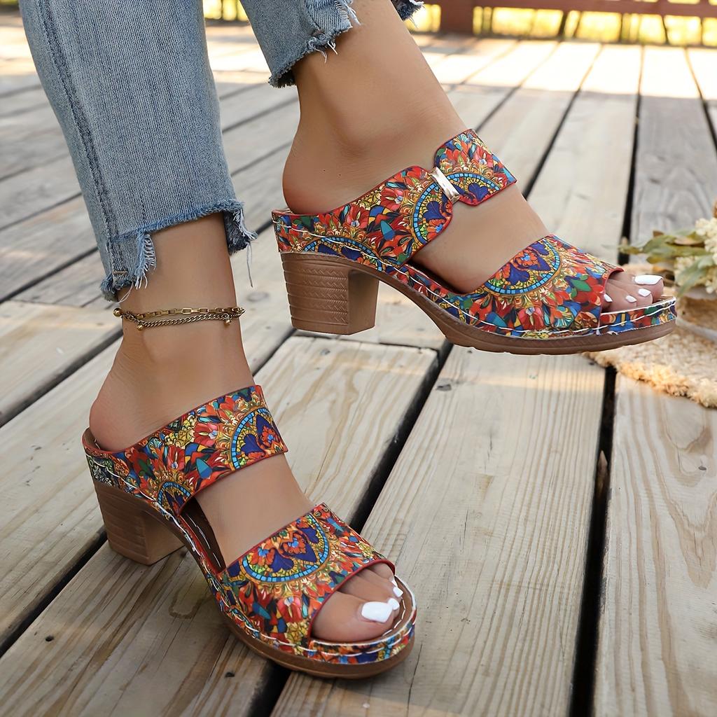 Женские богемные мюли-слайды с круглым носком и мозаичным принтом - Яркие разноцветные - Верх из ПУ и амортизирующая стелька - Легкие и удобные для лета