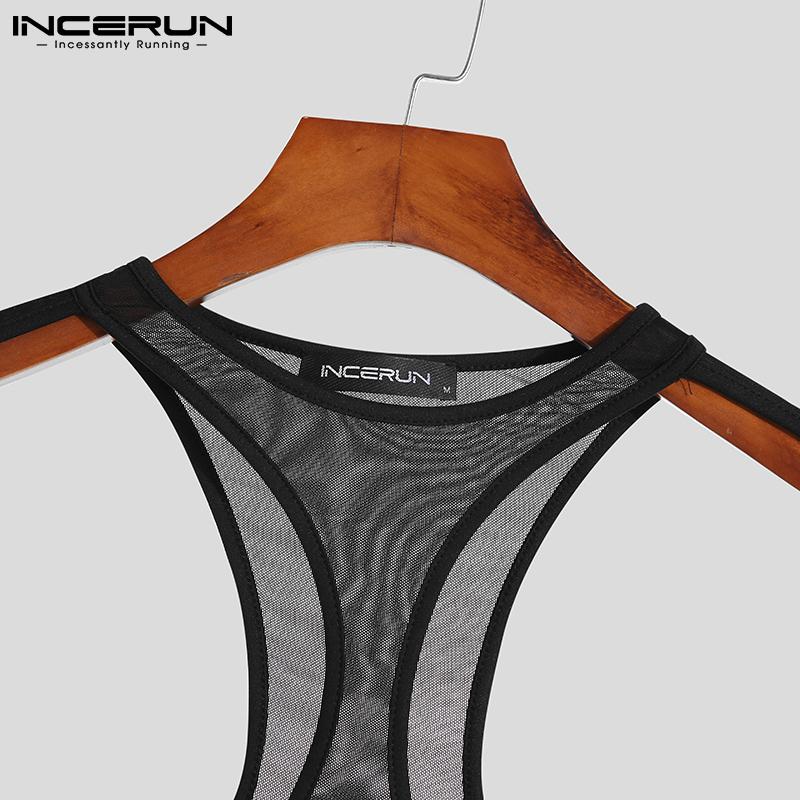 INCERUN Летние прозрачные мужские модные рубашки с длинными рукавами и жилет, комбинезон, трико, облегающие секст-клубные боди, S-5XL