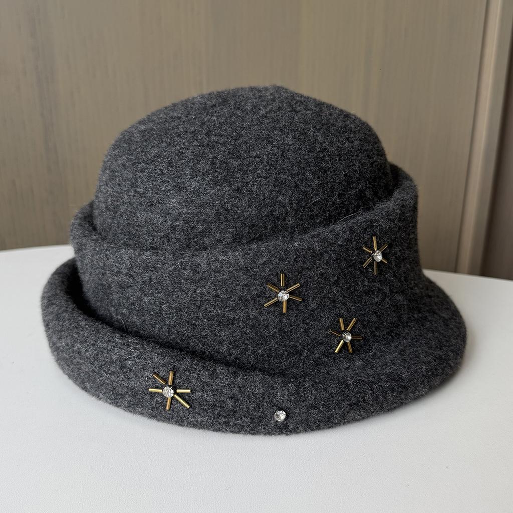 Autumn and winter elegant rhinestone decorative wool woolen hemming dome basin hat women's knitted hat warm face small top hat