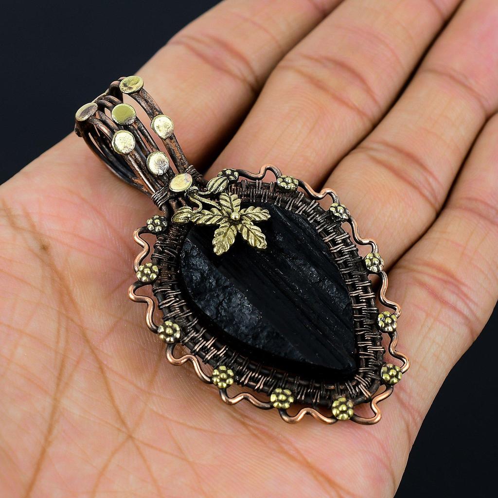 Черный турмалин, грубый драгоценный камень, медная проволока, подвеска ручной работы, ювелирный подарок для любви