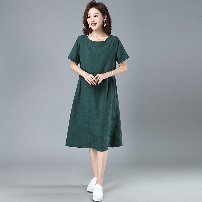 Summer Artistic Loose Jacquard Cotton Linen Round Neck Short Sleeved Dress for Women Mid To Long Length Casual Dresses