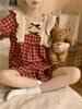 Japanese Ins Kawaii Pajamas Set Women Summer New Lace Plaid Sweet Two Piece Sets Ruched Bow Lovely Girl Home Clothes Summer