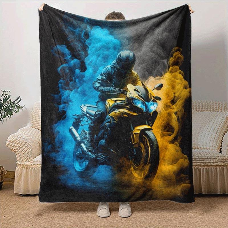 1pc Motorcycle Printing Lightweight Flannel Blanket, Comfortable and Warm Blanket, for Camping Sofa Bed and Couch Office, Suitable for Gift B