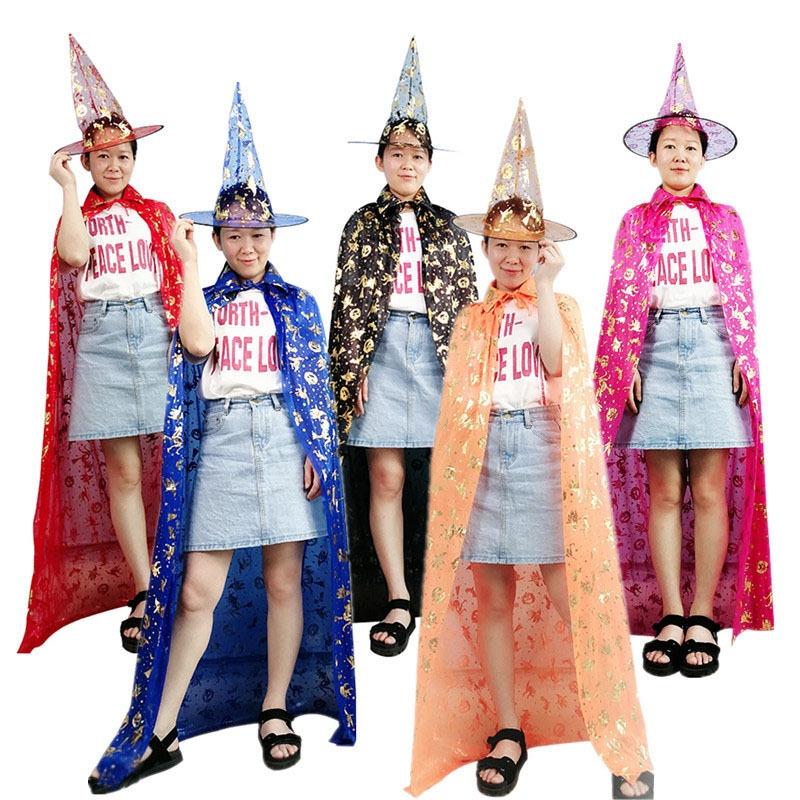 Премиум Хэллоуинский плащ с пришитым краем, костюм для взрослых и детей, плащ ведьмы для косплея, черный