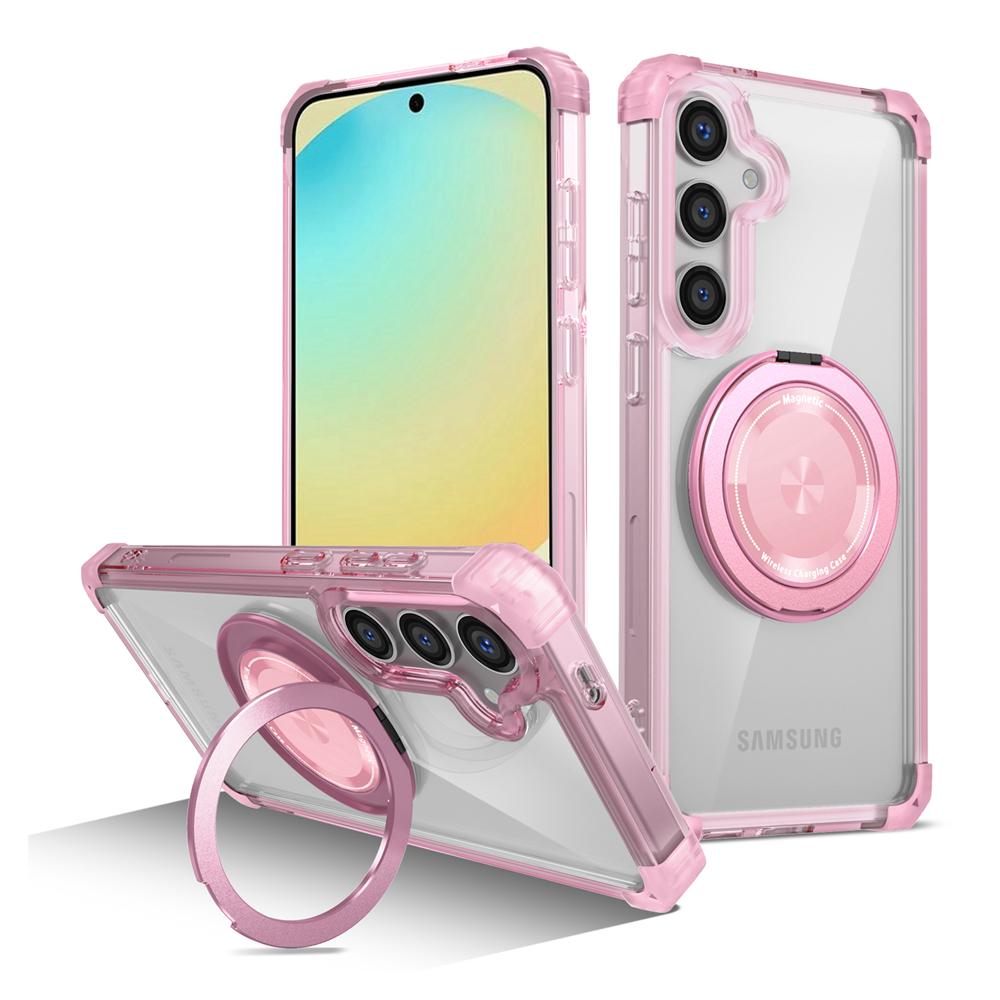 KEYSION Прозрачный чехол для MagSafe для Samsung Galaxy S24 FE 5G 360° Магнитная подставка-кольцо Беспроводная зарядка Прозрачная накладка для телефона