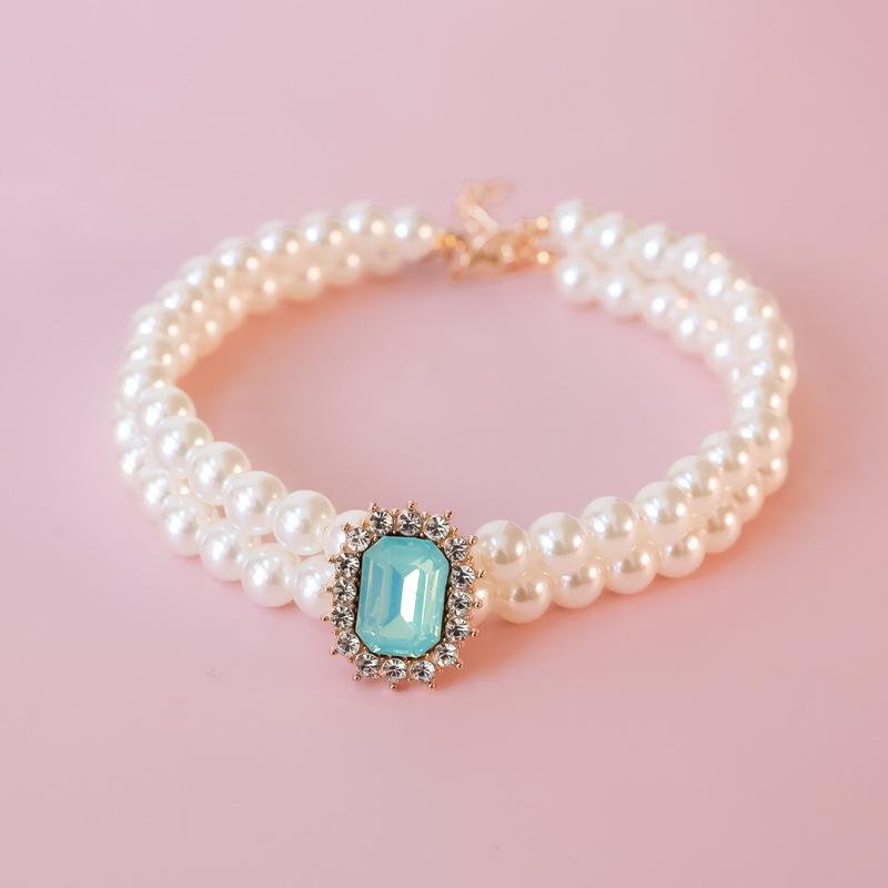 Pet Collar Cat Dog Pearl Necklace Double Stacked Premium Protein Gem Set with Rhinestones