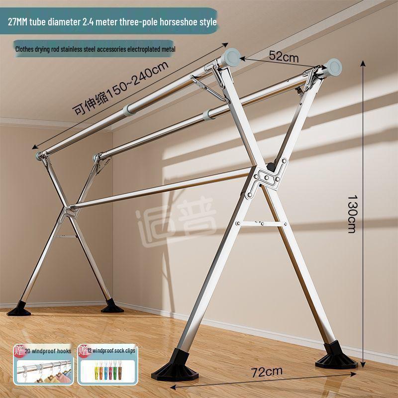 Bold Stainless Steel Folding Clothes Drying Rack - Floor-Standing, Telescopic, Indoor/Outdoor Use, Vertical Hanging Rod.