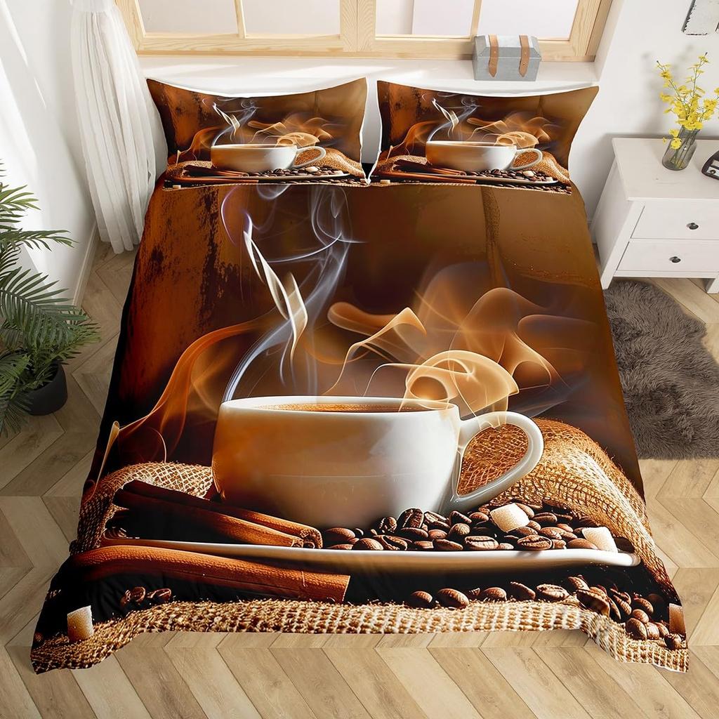 Пододеяльник с изображением кофейного напитка Queen King Cartoon Coffee Drink Cup Print Комплект постельного белья Coffee Lover Cover Modern Brown Quilt Cover