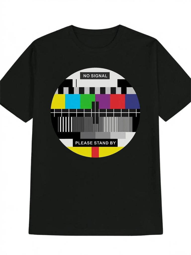 Retro TV No Signal T Shirt Men Vintage 90s Test Screen Graphic Tee Aesthetic Streetwear Oversized Shirt Unisex style; suitable as a gift,Tops Tees