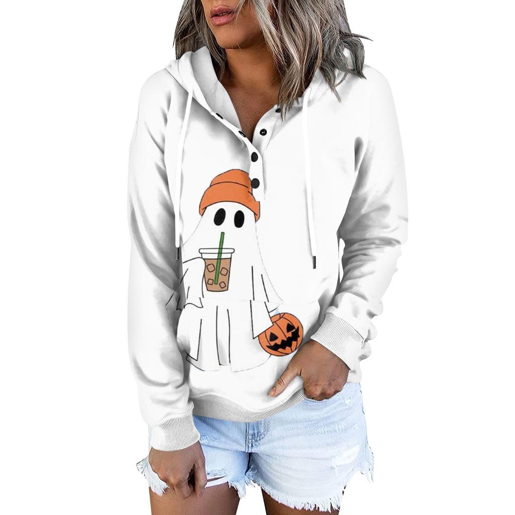 Women's Fashion Slim Fit Long Sleeve Halloween Print Hooded Sweatshirt Top