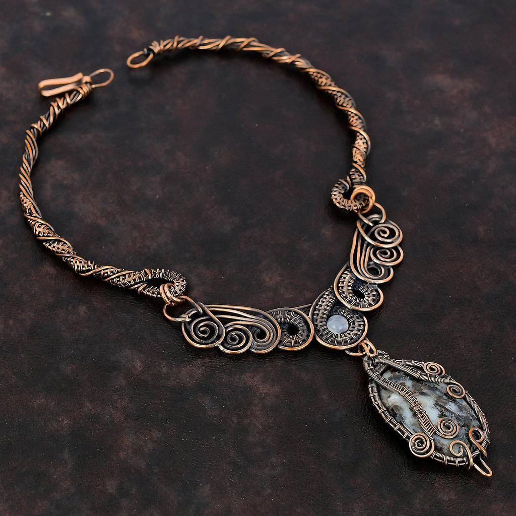 Ожерелье с астрофиллитом, ожерелье из медной проволоки, ювелирные изделия ручной работы в стиле бохо, ожерелье из радужного лунного камня, подарок для женщин, ювелирные изделия из меди с драгоценными камнями
