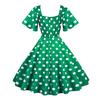 Women Evening Dress Retro Color Matching Dot Print A-line V Neck Big Swing Short Ruffle Sleeves Tight High Waist Back Zipper Party Prom Midi Dress