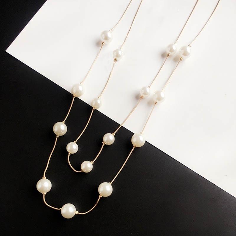 Womens Sweater Chain Double Simulation Pearl Beads Necklace Jewelry Accessories Gift MIT