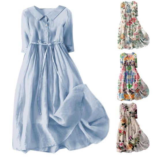 Женское весеннее платье с цветочным принтом, со средним рукавом, с отворотом, V-образным вырезом, на шнуровке, с высокой талией, трапециевидной формы, полуоднобортное богемное плиссированное платье миди