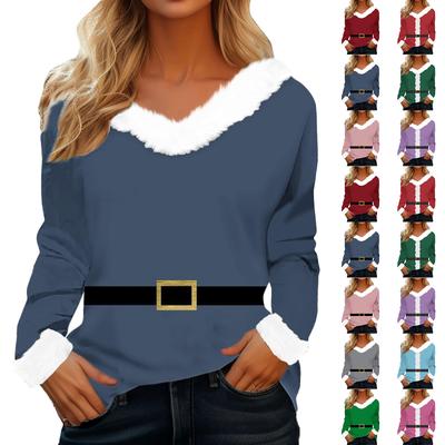 Женская модная и повседневная плюшевая рубашка с V-образным вырезом и длинными рукавами с рождественским принтом