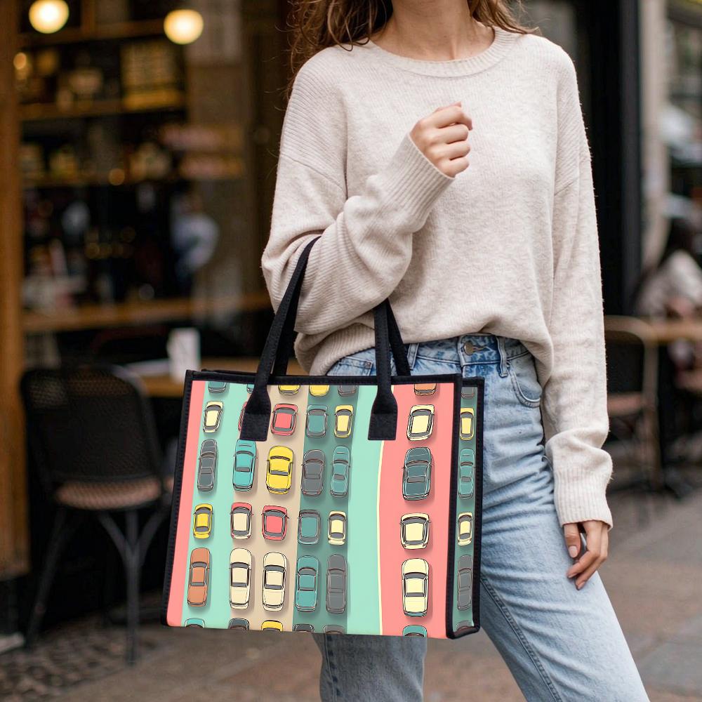 Cute Car Print Daily Tote Bag Fashionable Casual Large Capacity Shoulder Bag For Outdoor Shopping