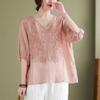 Summer Short Sleeved Women's Shirt Thin Cotton Linen Top Loose Fitting V-neck Shirt with Temperament Blouses & Shirts