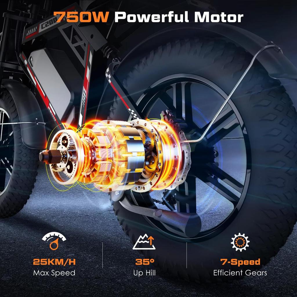 HiQiS new Ebike C200 48V 17.5AH battery maximum range 90KM 1000W motor 25km/h speed 20 inch off-road wide tire all terrain electric bicycle