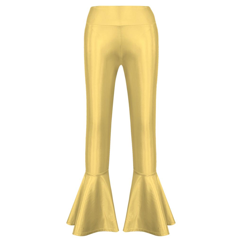 Бронзовые тканевые расклешенные брюки с высокой талией, детская одежда для танцев для девочек, сценический костюм, длинные брюки-клеш с рюшами на подол